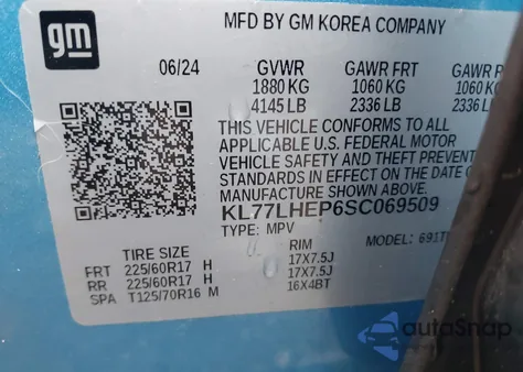 2025 Chevrolet Trax Fwd Lt из США, поврежденный, VIN KL77LHEP6SC069509